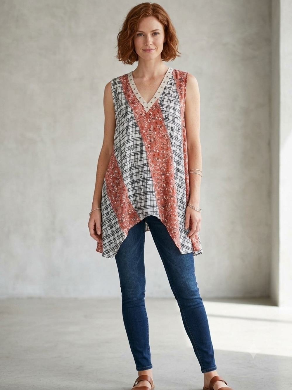 #276 POL V-Neck Patchwork Tunic in Rust and White